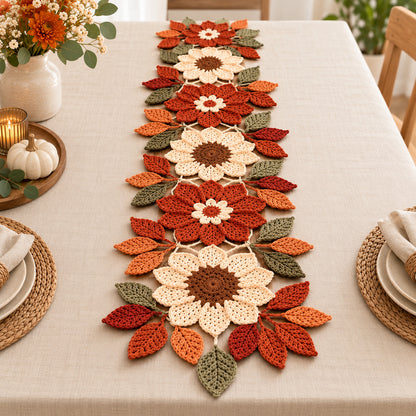 Crochet Table Runner Pattern PDF – Autumn Sunflower-Inspired Floral & Leaf Decor