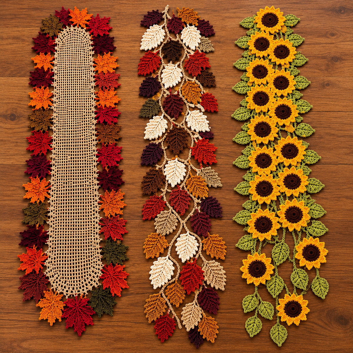 3 Crochet Table Runner Patterns Bundle PDF – Autumn Leaves & Sunflowers