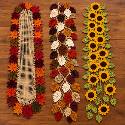 3 Crochet Table Runner Patterns Bundle PDF – Autumn Leaves & Sunflowers