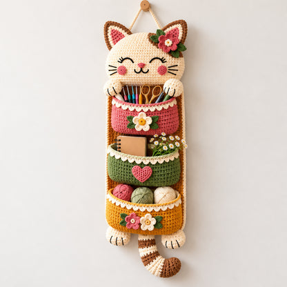 Crochet Cat Wall Organizer Pattern PDF – 3 Pocket Hanging Storage