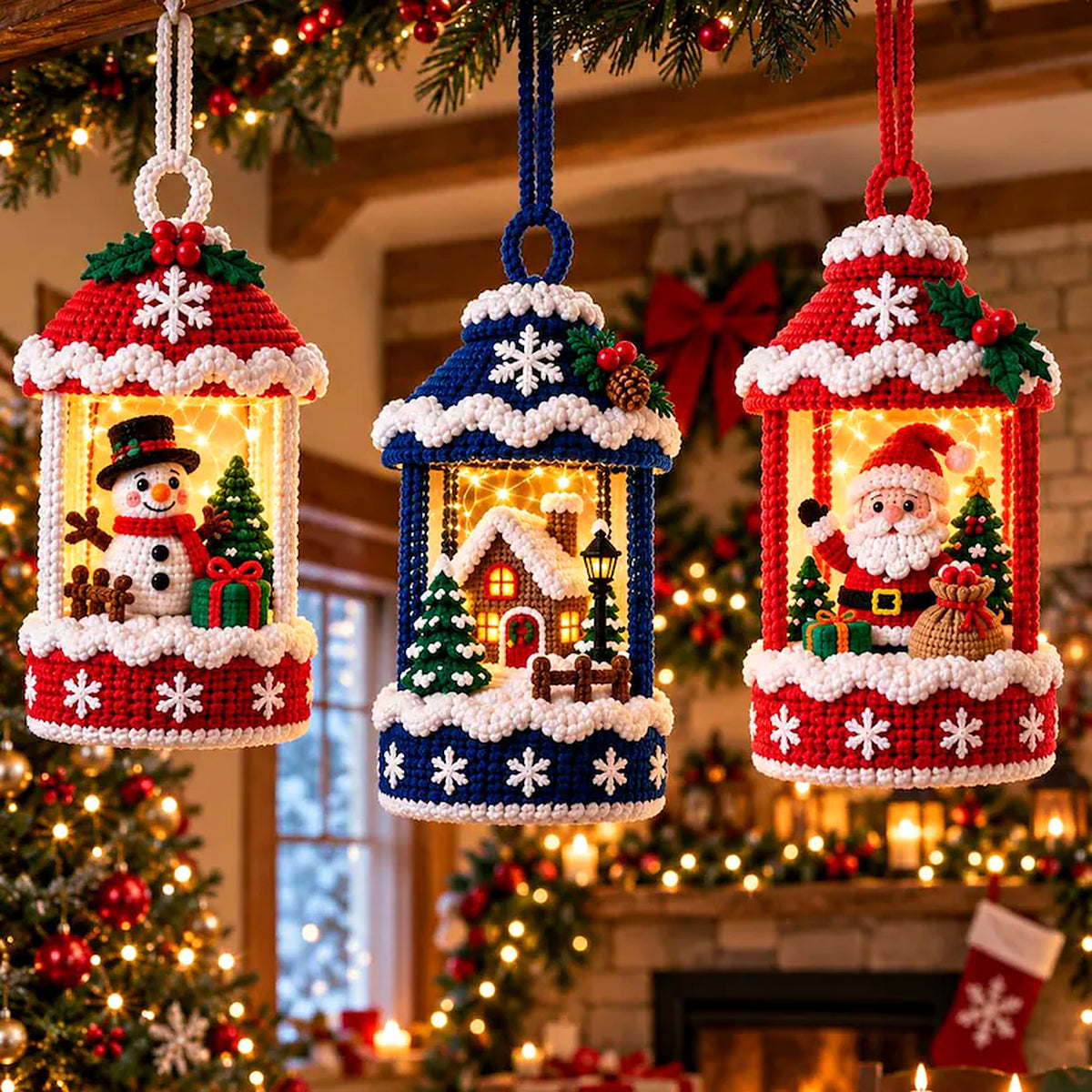 3 Christmas Lantern Crochet Patterns Bundle PDF – Snowman, Cottage & Santa