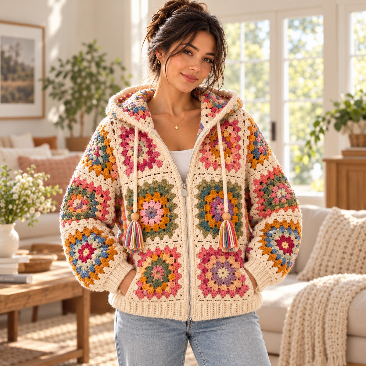 Granny Square Hooded Cardigan Crochet Pattern PDF – Zip Hoodie S–XL