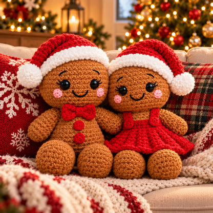 2 Gingerbread Christmas Doll Crochet Patterns PDF – Boy & Girl Santa Hat Couple