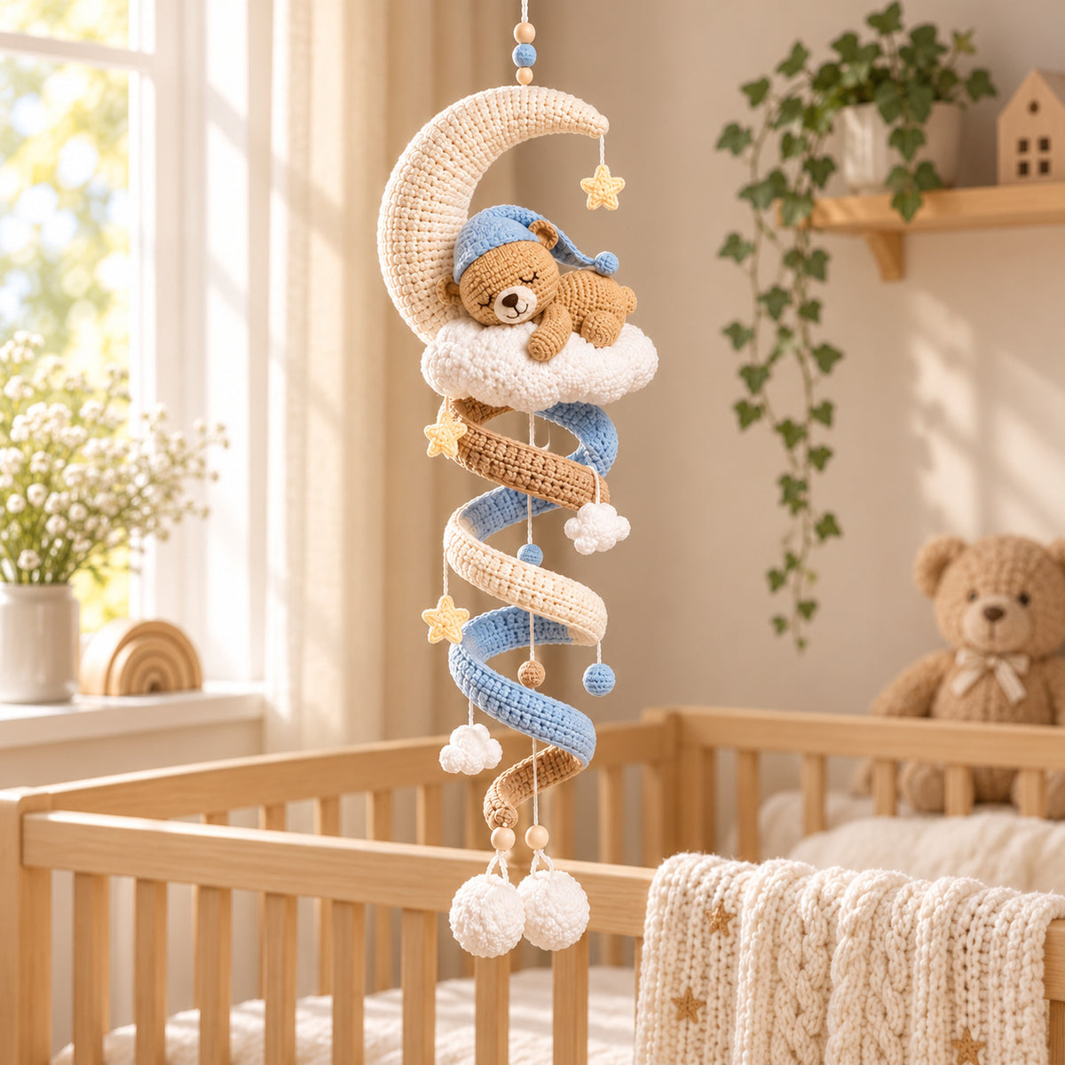 Sleeping Teddy Bear Moon Crochet Pattern PDF – Cloud Spiral Hanging Decor