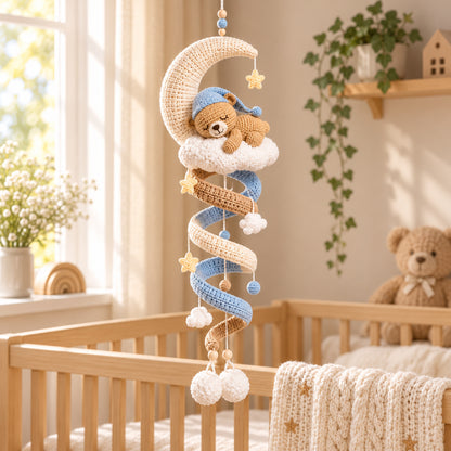 Sleeping Teddy Bear Moon Crochet Pattern PDF – Cloud Spiral Hanging Decor