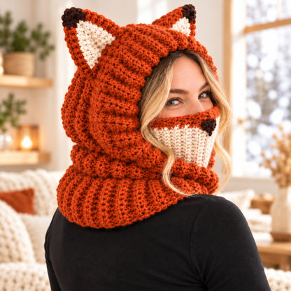 Fox Hooded Cowl Crochet Pattern PDF – Chunky Fox Ear Balaclava, Adult Size