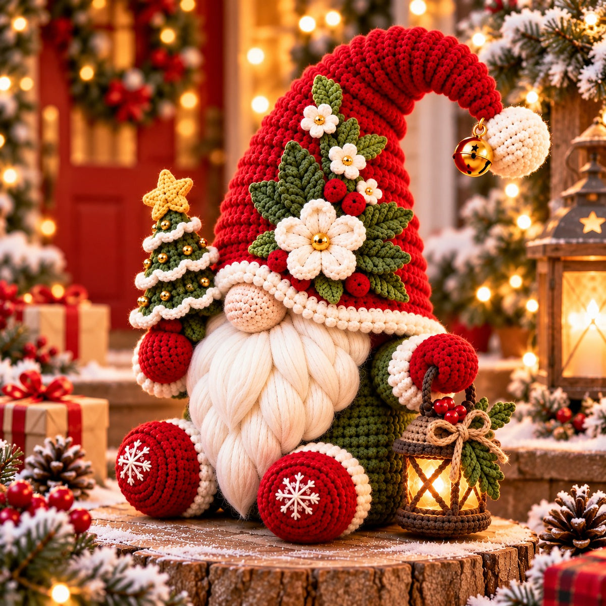 Christmas Gnome Crochet Pattern PDF – Lantern, Mini Tree & Flower Hat