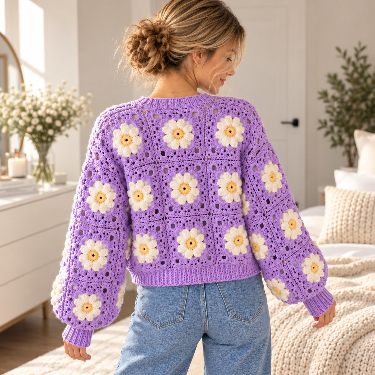Lavender Daisy Granny Square Cardigan Crochet Pattern PDF – XS–5XL