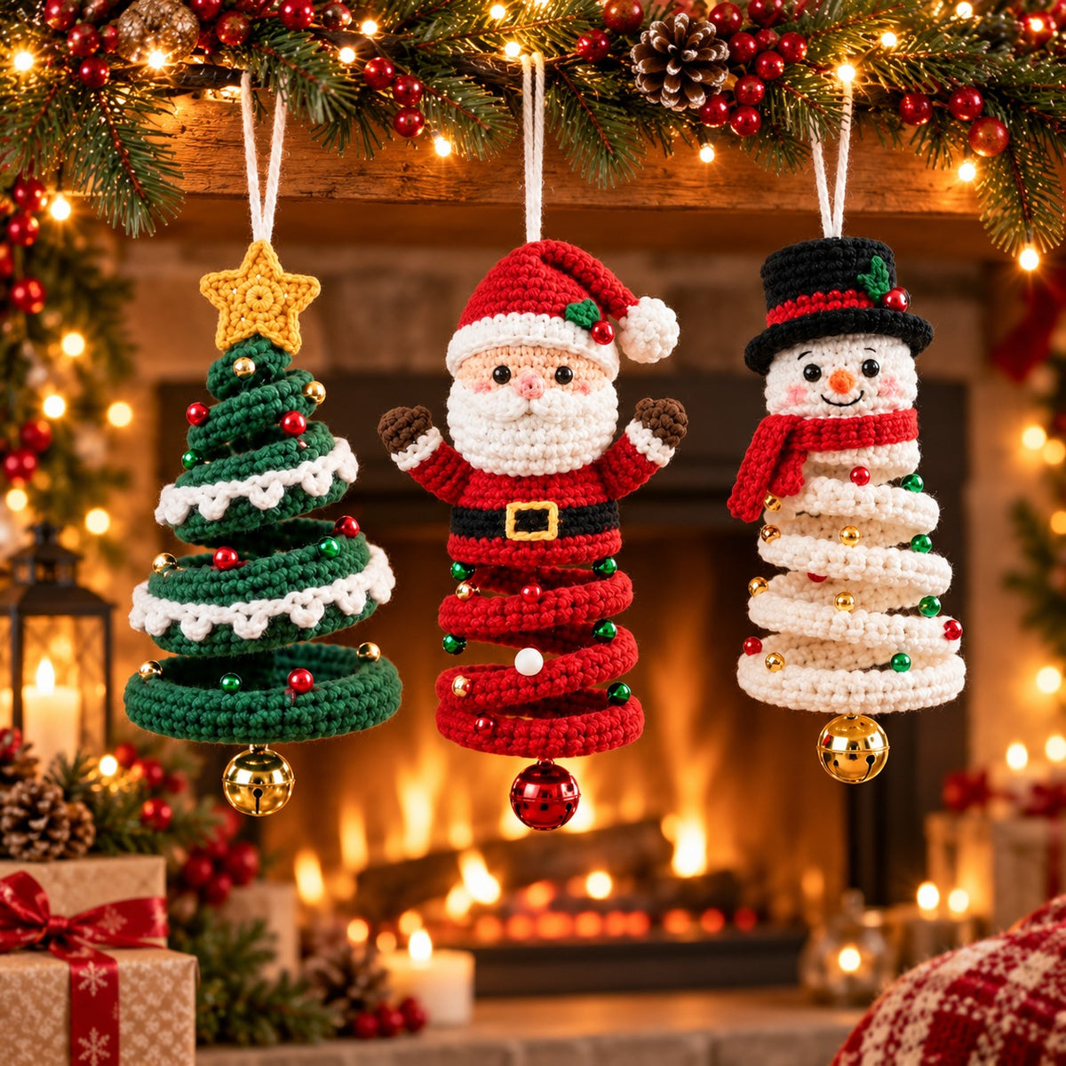 Crochet Christmas Ornament Set – Santa, Snowman & Tree Hanging Decor