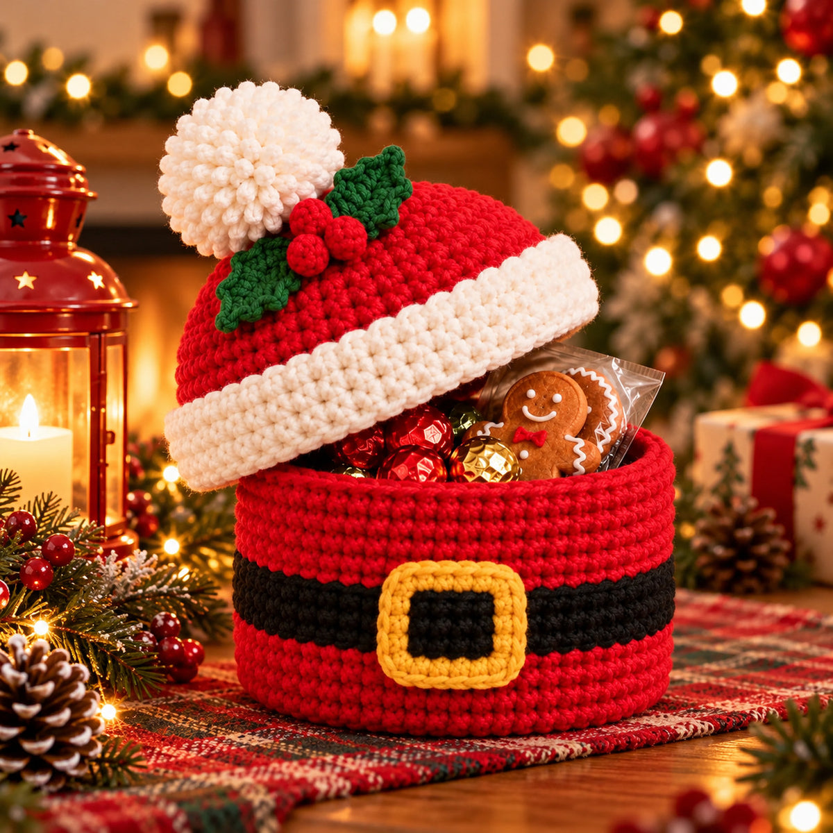 Crochet Santa Gift Basket Pattern PDF – Christmas Treat Basket with Hat Lid