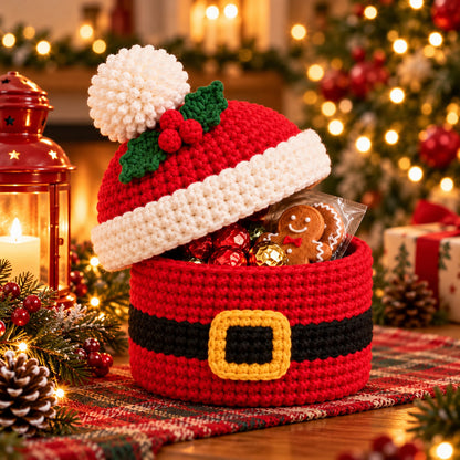 Crochet Santa Gift Basket Pattern PDF – Christmas Treat Basket with Hat Lid