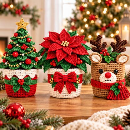 3 Christmas Crochet Pot Patterns Bundle PDF – Tree, Poinsettia & Reindeer