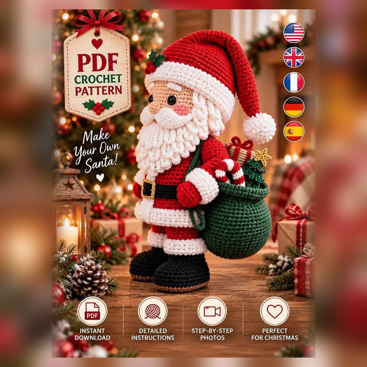 Amigurumi Santa Claus Crochet Pattern PDF – 5 Languages, 11 in Christmas Doll