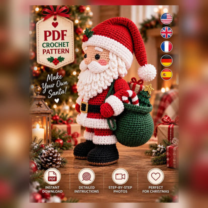 Amigurumi Santa Claus Crochet Pattern PDF – 5 Languages, 11 in Christmas Doll
