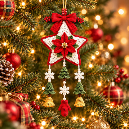 Christmas Hanging Star Ornament Crochet Pattern PDF – Poinsettia & Holiday Motifs