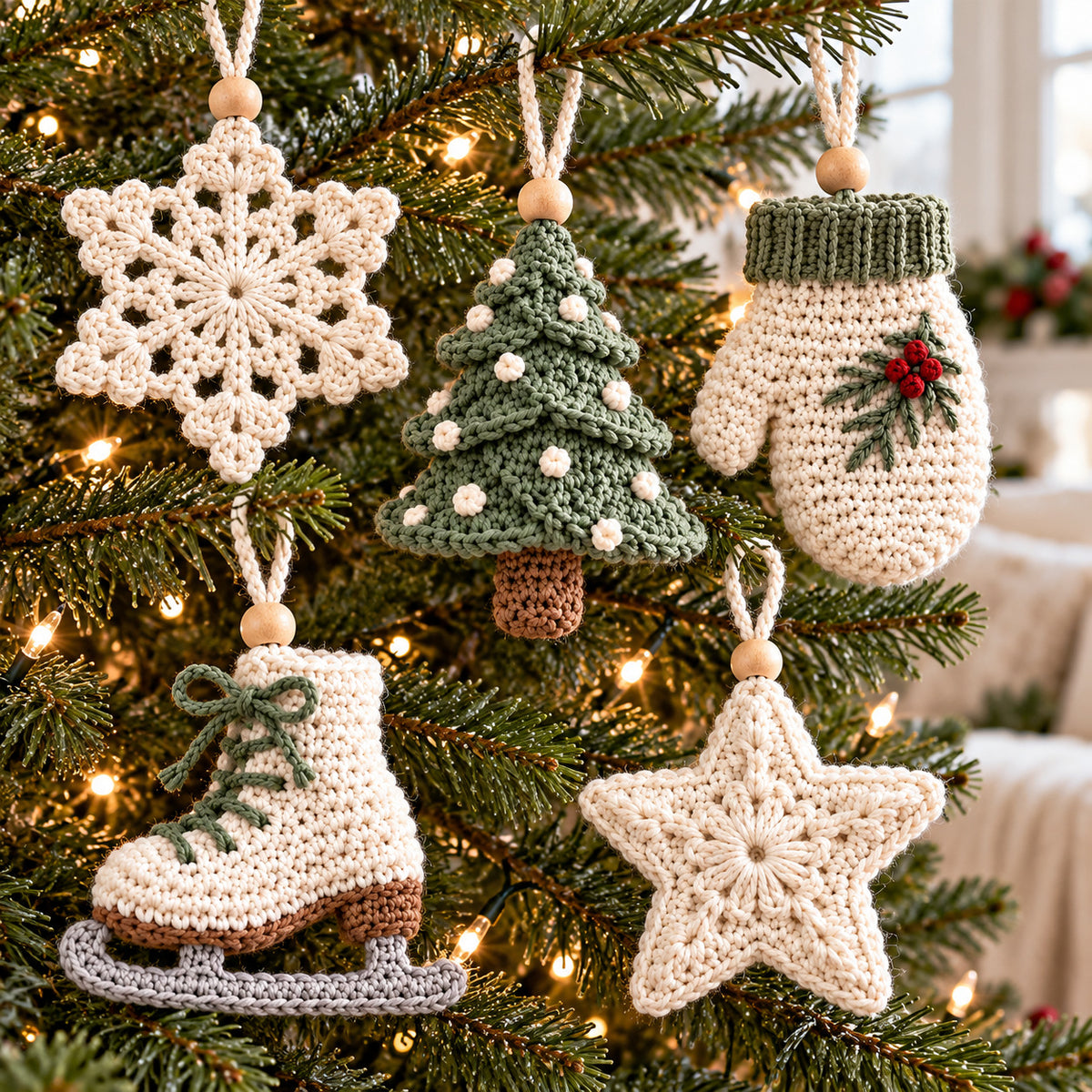 5 Christmas Ornament Crochet Patterns PDF – Snowflake, Tree, Star, Mitten & Ice Skate