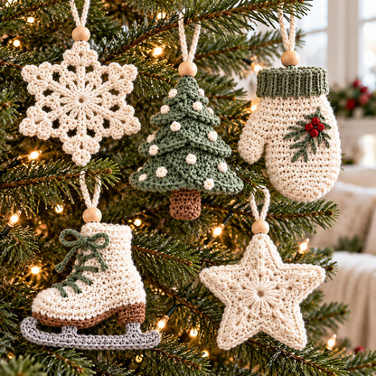 5 Christmas Ornament Crochet Patterns PDF – Snowflake, Tree, Star, Mitten & Ice Skate