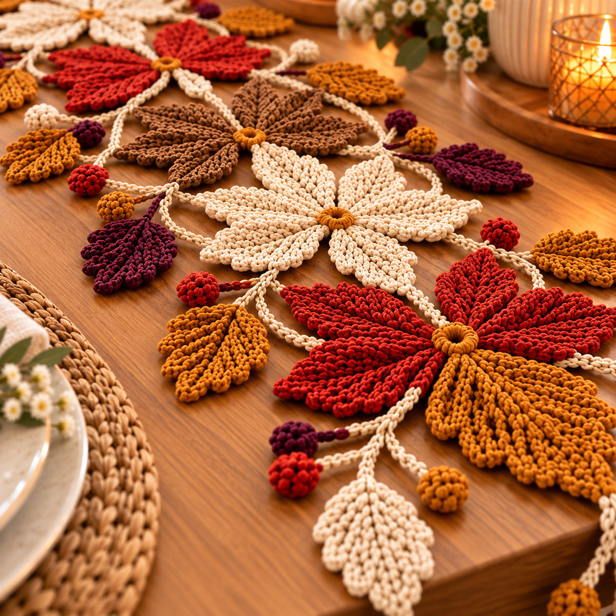 Crochet Autumn Floral Table Runner Pattern PDF | Fall Leaf & Berry Decor