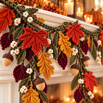 Crochet Fall Garland Pattern PDF – Maple Leaves, Acorns & Autumn Mantel Decor