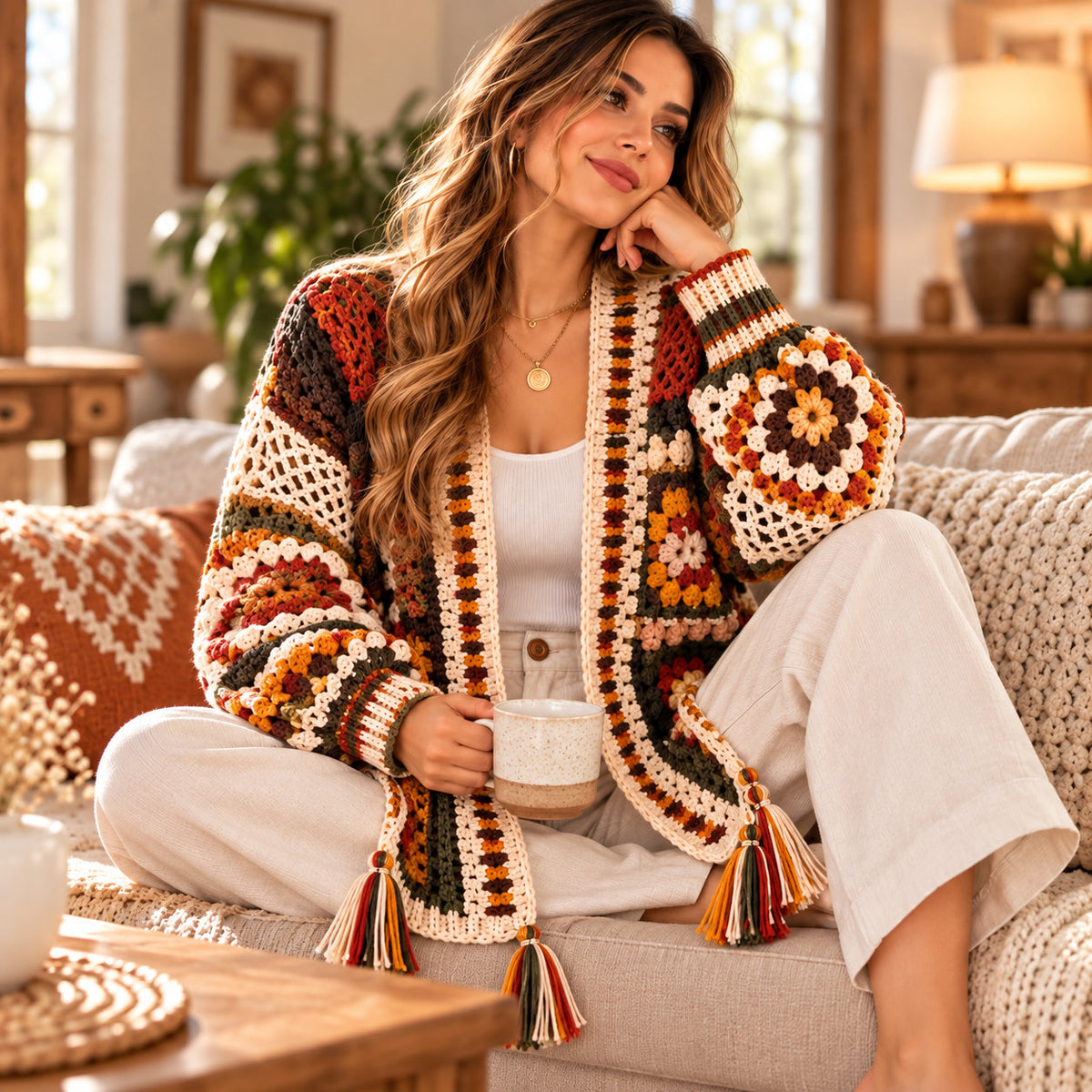 Boho Floral Granny Square Cardigan Crochet Pattern PDF – Lace & Tassel Jacket