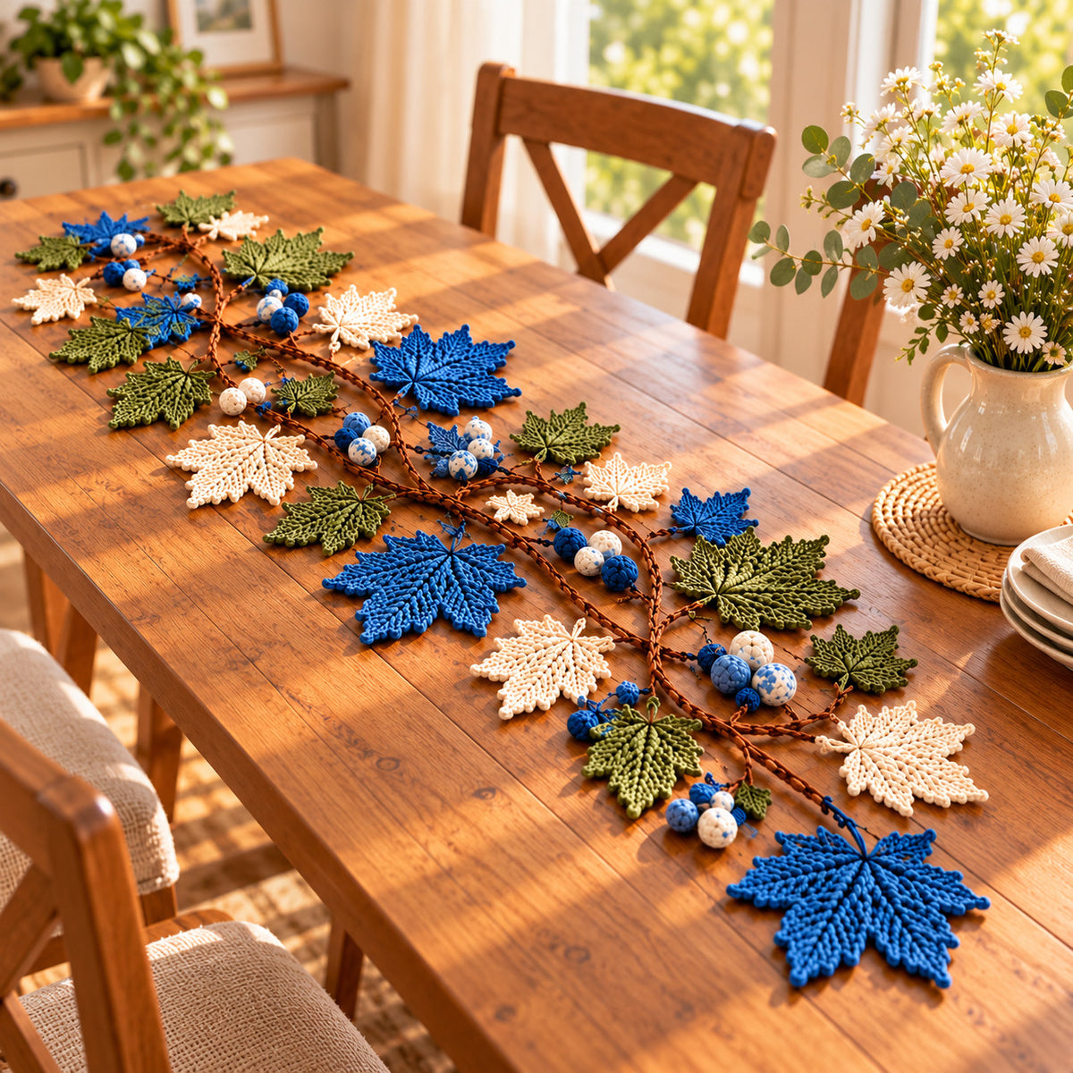 Handmade Crochet Maple Leaf Table Runner – Blue, Olive & Cream Fall Decor