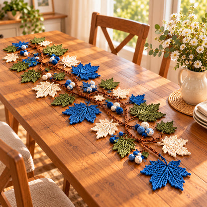 Handmade Crochet Maple Leaf Table Runner – Blue, Olive & Cream Fall Decor