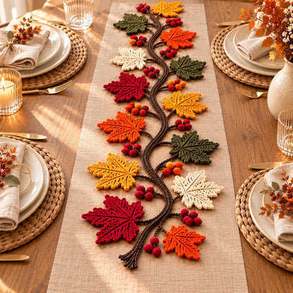 Autumn Maple Leaf Table Runner Crochet Pattern PDF – Fall Vine & Berry Decor