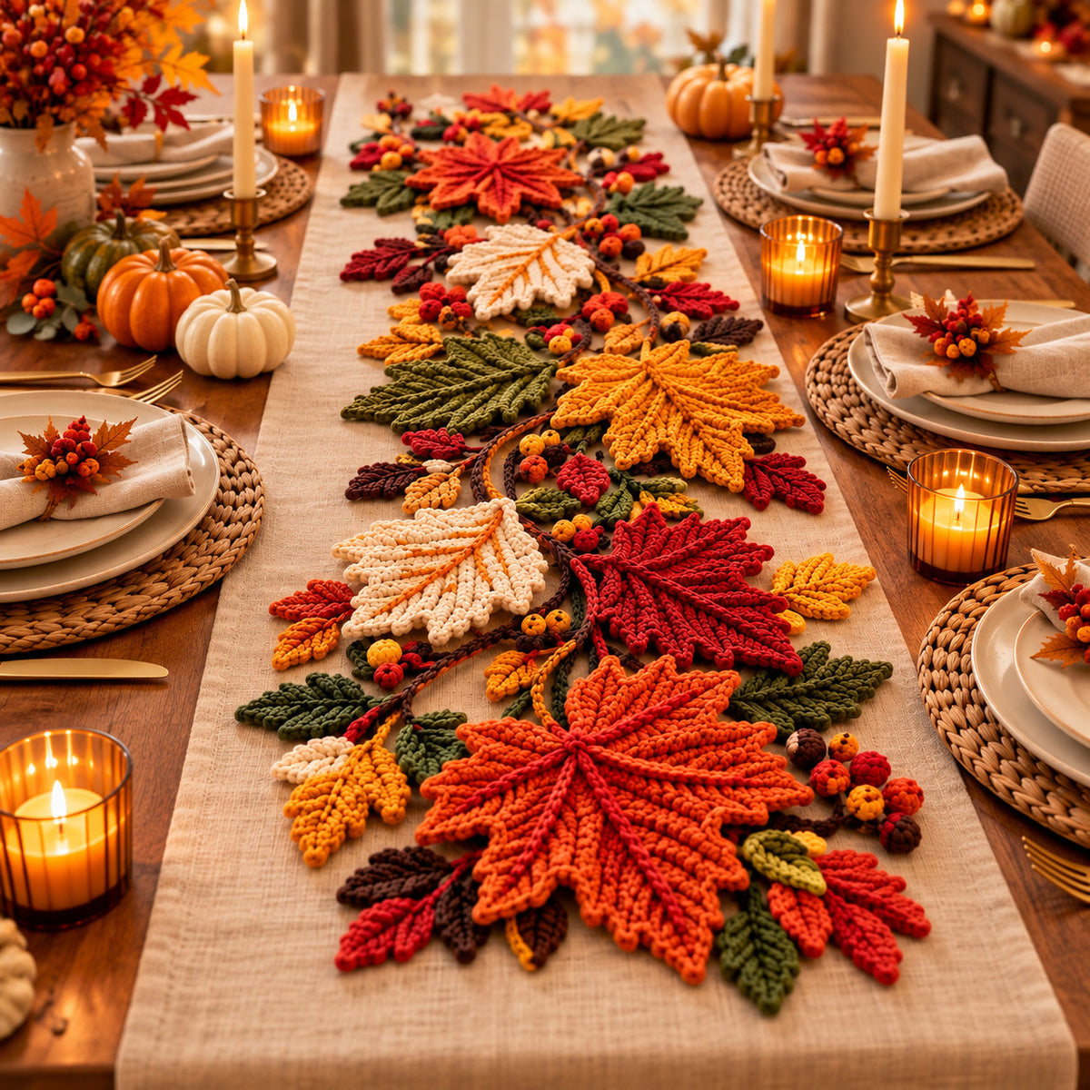 Maple Leaf Crochet Pattern PDF – Fall Table Runner & Thanksgiving Decor