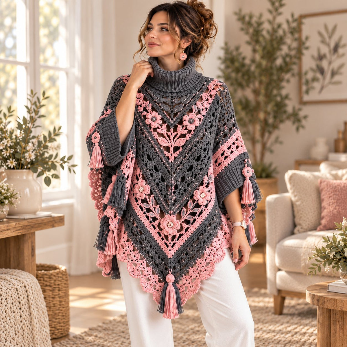 Floral Crochet Poncho Pattern PDF – Boho Cape with 3D Flowers & Tassel Fringe