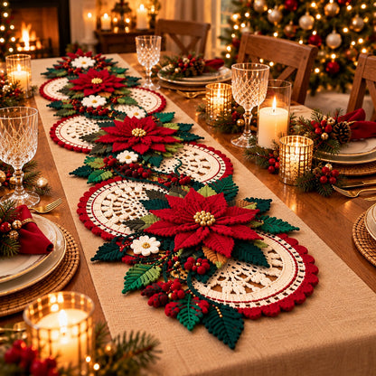 Christmas Poinsettia Table Runner Crochet Pattern PDF – 3D Floral Centerpiece