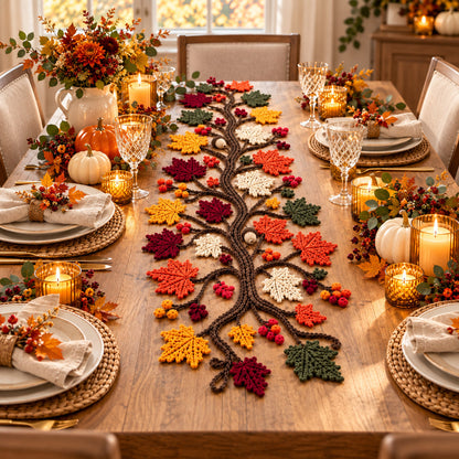 Autumn Tree Table Runner Crochet Pattern PDF – Maple Leaves, Berries & Acorns