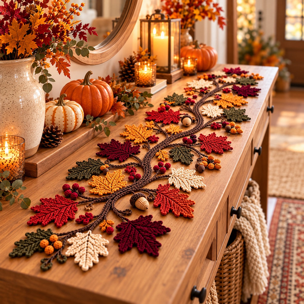 Autumn Leaf Crochet Table Runner Pattern PDF – Maple Leaves, Acorns & Vine