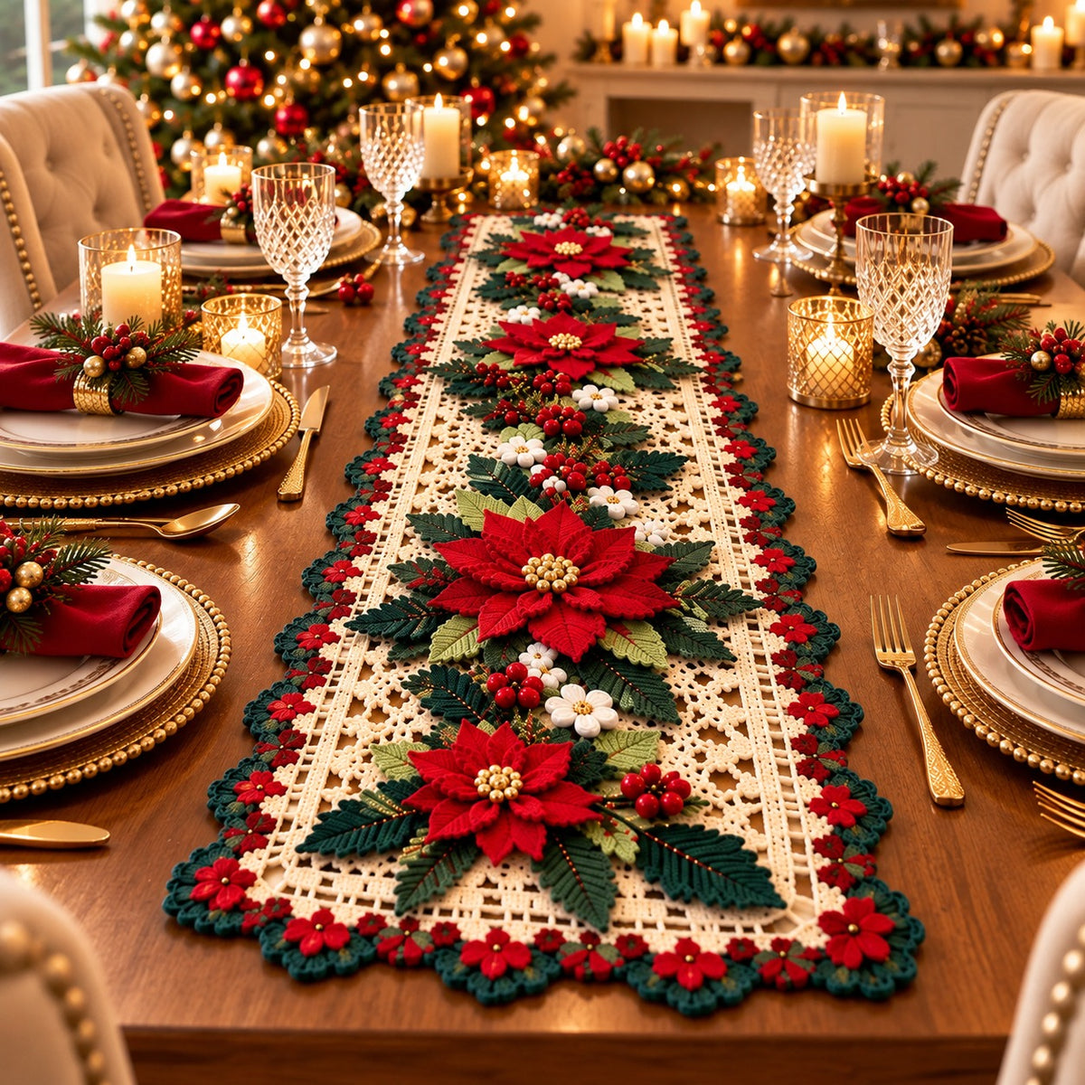 Crochet Poinsettia Table Runner Pattern – Dimensional Christmas Floral PDF