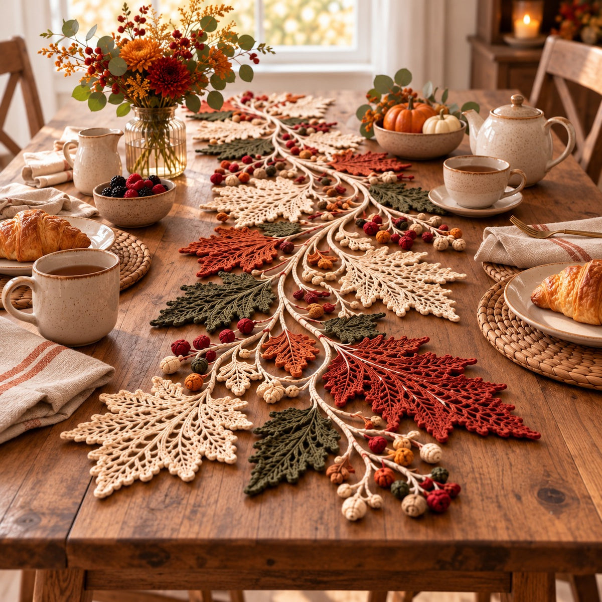 Autumn Leaf Table Runner & Coaster Set Crochet Pattern PDF – Botanical Lace