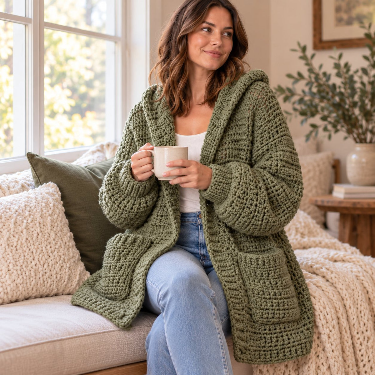 Crochet Hooded Cardigan Pattern PDF – Chunky Textured Oversized Pocket Sweater
