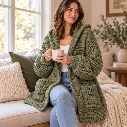 Crochet Hooded Cardigan Pattern PDF – Chunky Textured Oversized Pocket Sweater