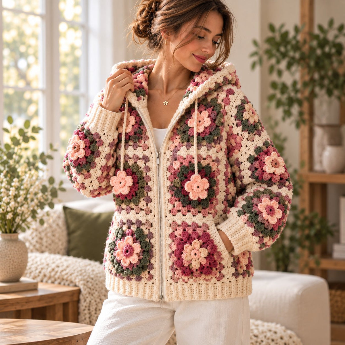 3D Flower Granny Square Hoodie Crochet Pattern – Oversized Zip-Up Cardigan PDF