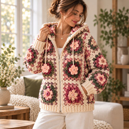3D Flower Granny Square Hoodie Crochet Pattern – Oversized Zip-Up Cardigan PDF