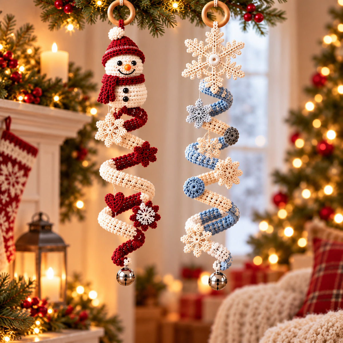 Crochet Winter Snowman Spiral Ornament Pattern PDF – Snowflakes & Bell