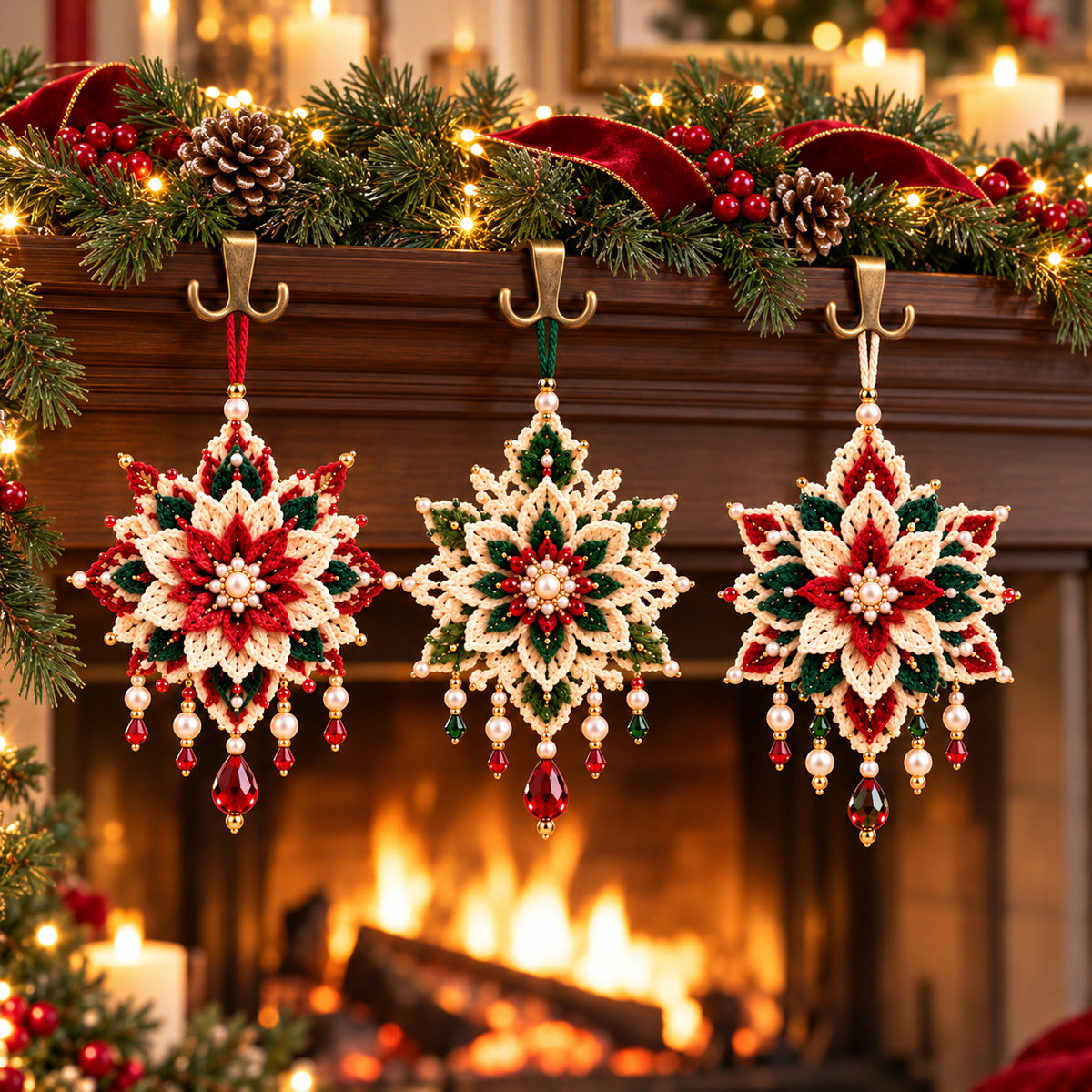 Poinsettia Crochet Ornament Pattern PDF – Set of 3 Beaded Christmas Flowers