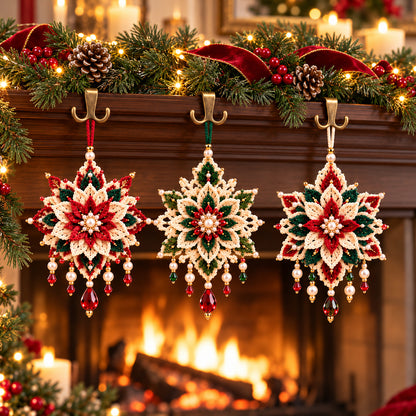 Poinsettia Crochet Ornament Pattern PDF – Set of 3 Beaded Christmas Flowers