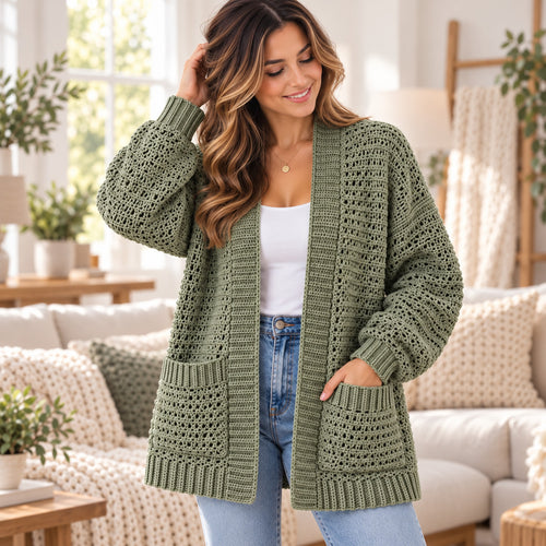 Willow Crochet Cardigan Pattern PDF – Open Front with Pockets, XS–3XL