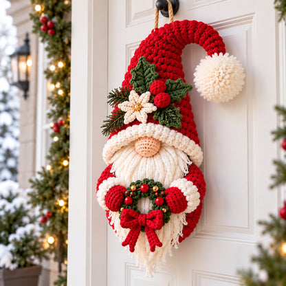 Christmas Gnome Door Hanger Crochet Pattern PDF – Mini Wreath Holiday Decor