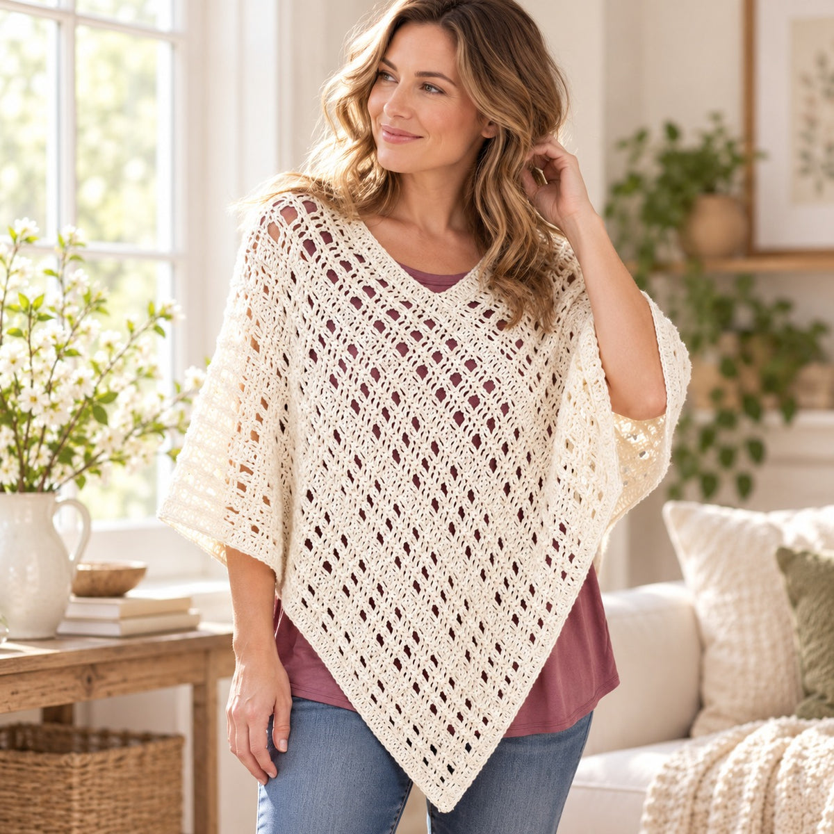 Spring Retreat Poncho Crochet Pattern PDF – Openwork Lightweight S–XL
