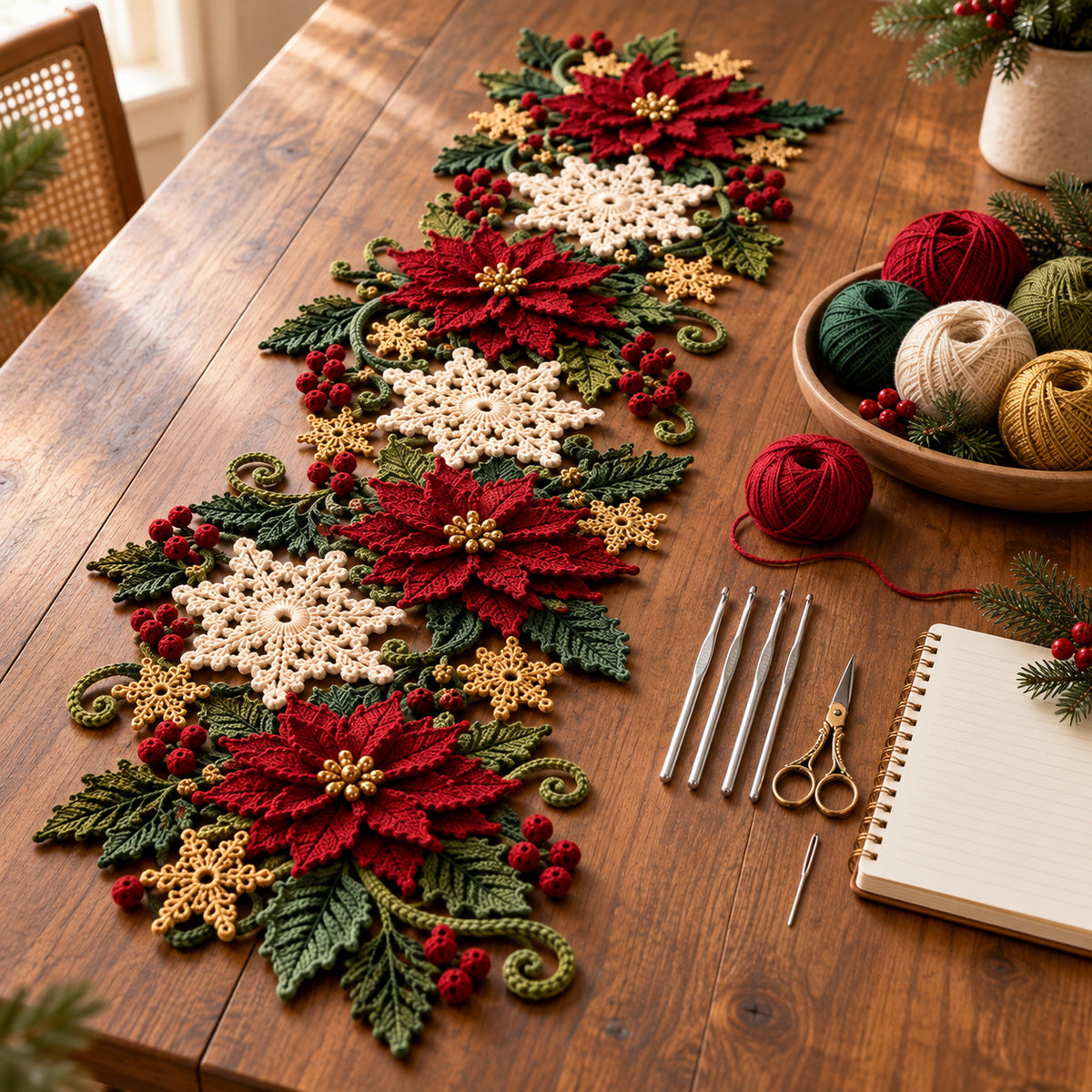 Christmas Poinsettia Snowflake Table Runner Crochet Pattern PDF – 68–72 in Holiday Centerpiece