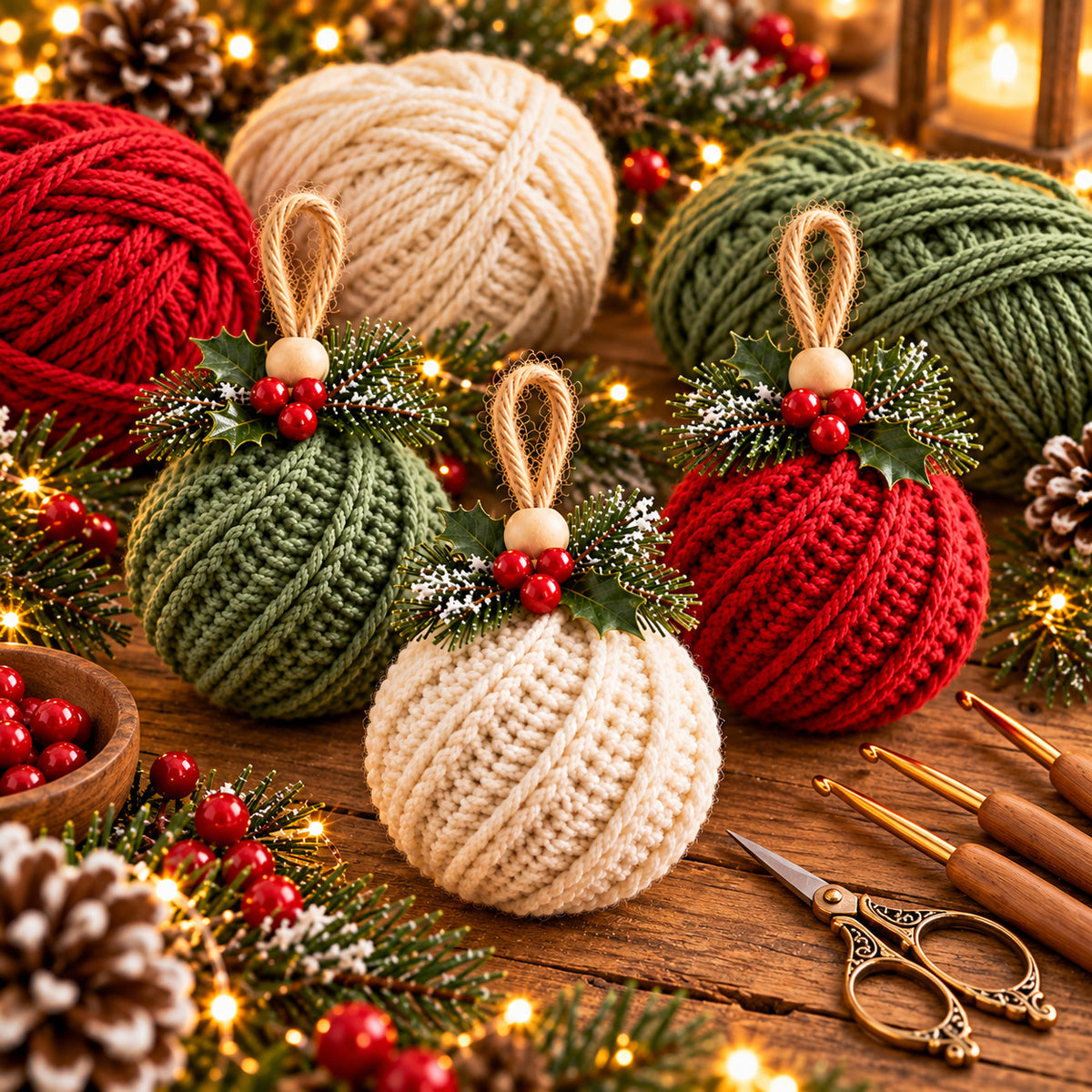 Crochet Christmas Ornament Pattern PDF – Twisted-Rib Bauble, Wooden Bead & Linen Bow