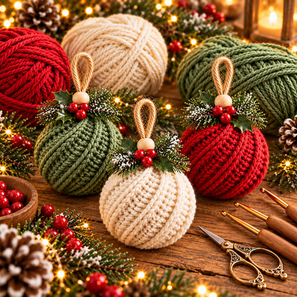 Crochet Christmas Ornament Pattern PDF – Twisted-Rib Bauble, Wooden Bead & Linen Bow