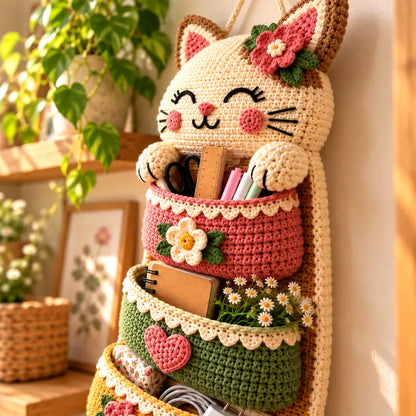 Crochet Cat Wall Organizer Pattern PDF – 3 Pocket Hanging Storage