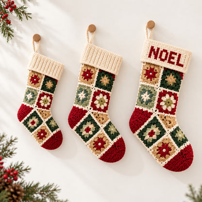 Personalized Granny Square Christmas Stocking Crochet Pattern PDF – 3 Sizes + A–Z Charts