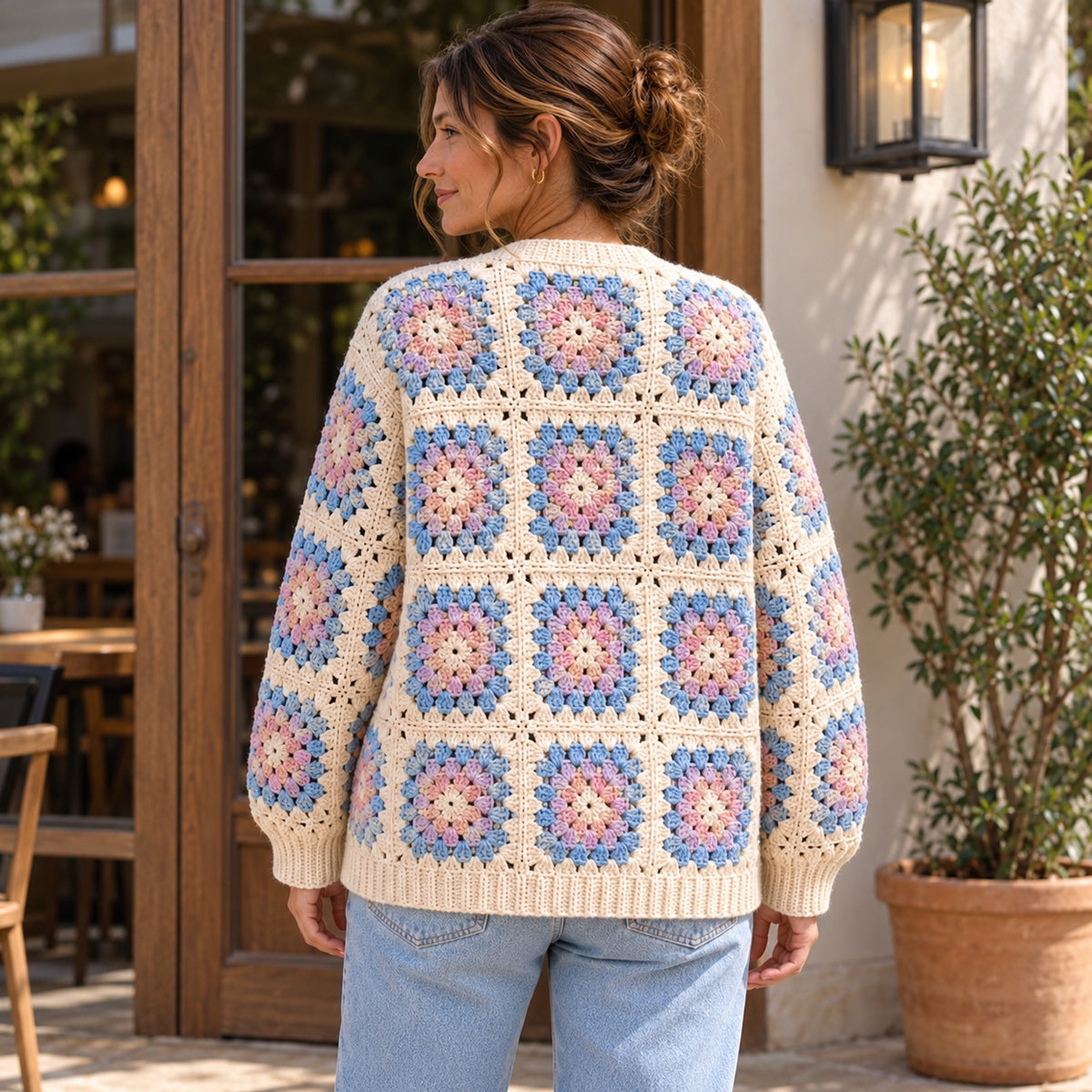 Floral Granny Square Cardigan Crochet Pattern PDF – Boho Pocket Sweater